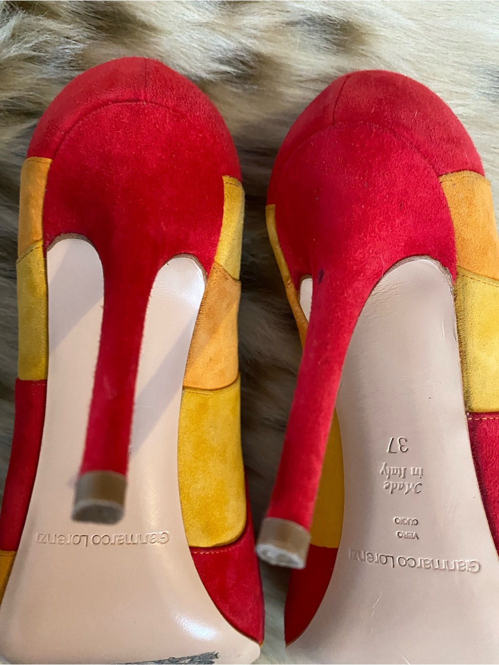 Gianmarco Lorenzi Red, Yellow & Orange Suede Peep-Toe Pumps - Picture 6 of 8